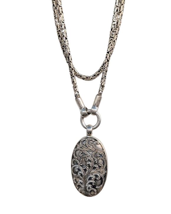 Vintage Jewelry - Sterling Silver Oval Filigree Pendant Necklace Vintage Style 17" Double Chain